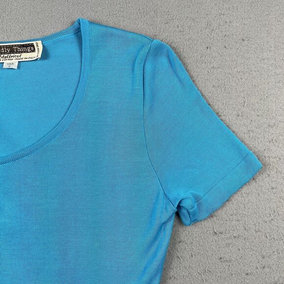 Worldly Things By‎ Styltricot Knit Blouse Shirt Womens 6 Light Blue Short Sleeve - Picture 4 of 16